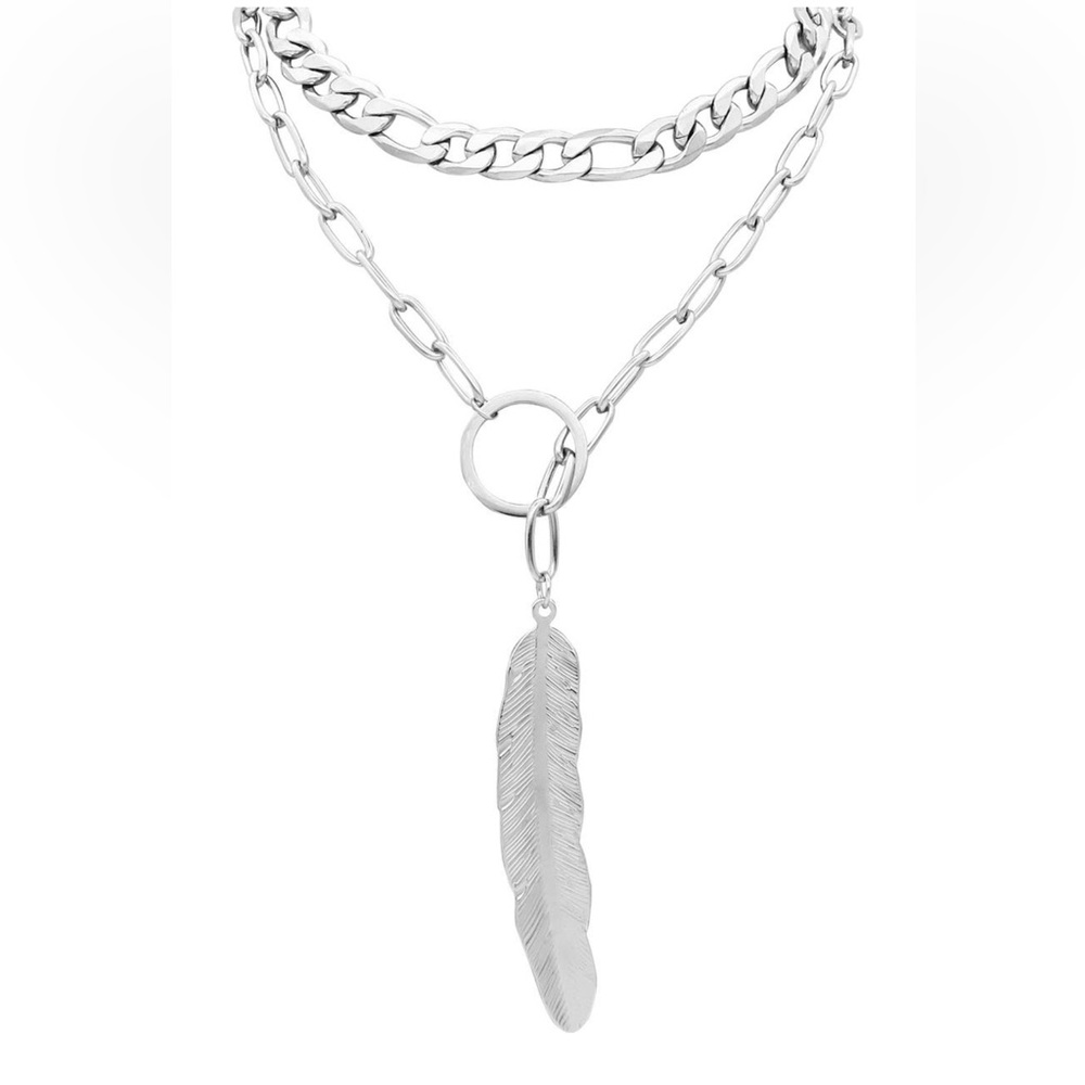 🩶 ✨ NEW ADORNIA Silver Layered Mixed Chain Feather Necklace ✨ 🆕